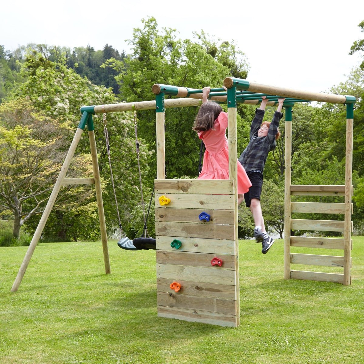 Rebo Wooden Garden Swing Set with Extra-Long Monkey Bars - Solar Green