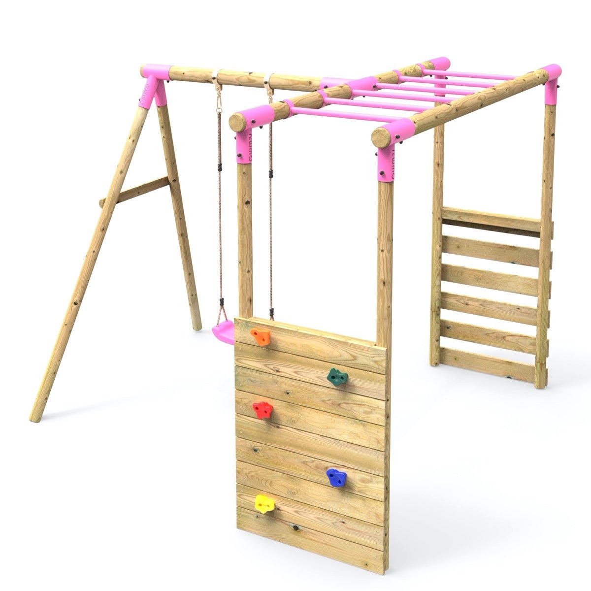 Rebo Wooden Garden Swing Set with Extra-Long Monkey Bars - Solar Pink