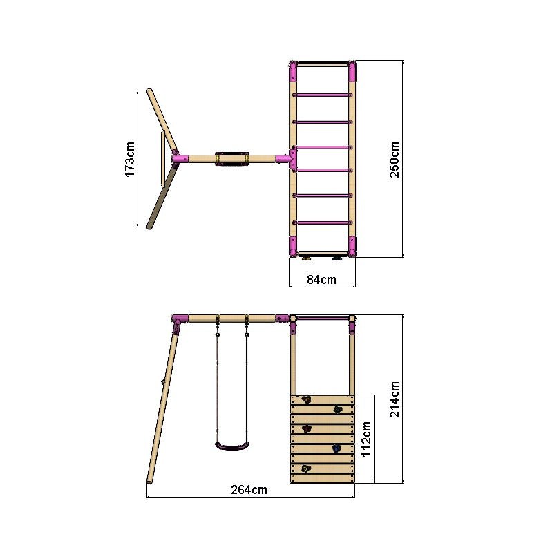Rebo Wooden Garden Swing Set with Extra-Long Monkey Bars - Solar Pink