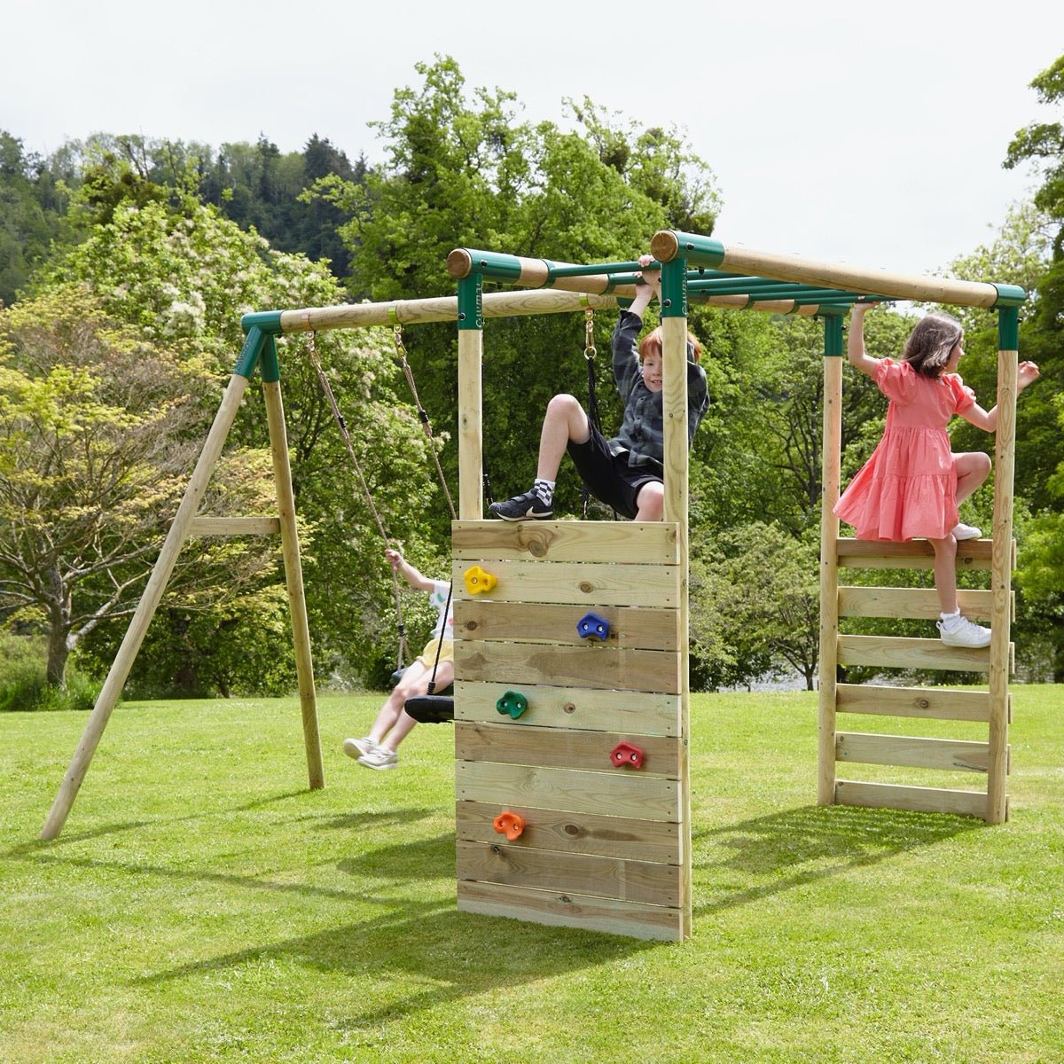 Rebo Wooden Garden Swing Set with Extra-Long Monkey Bars - Solar Pink