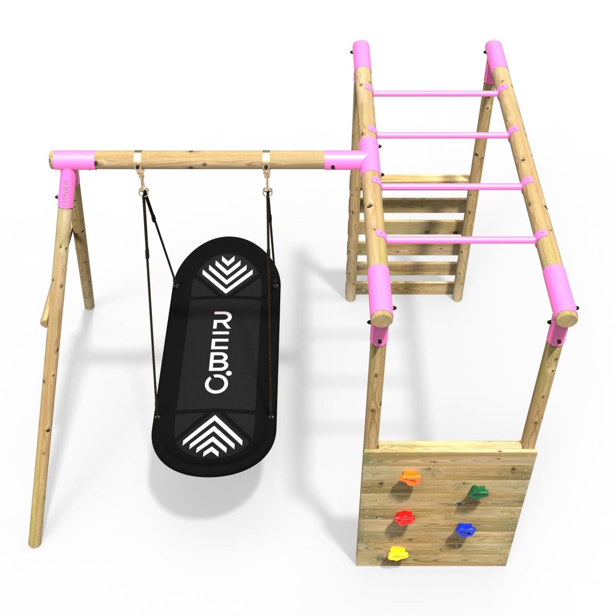 Rebo Wooden Garden Swing Set with Monkey Bars - Boat Pink