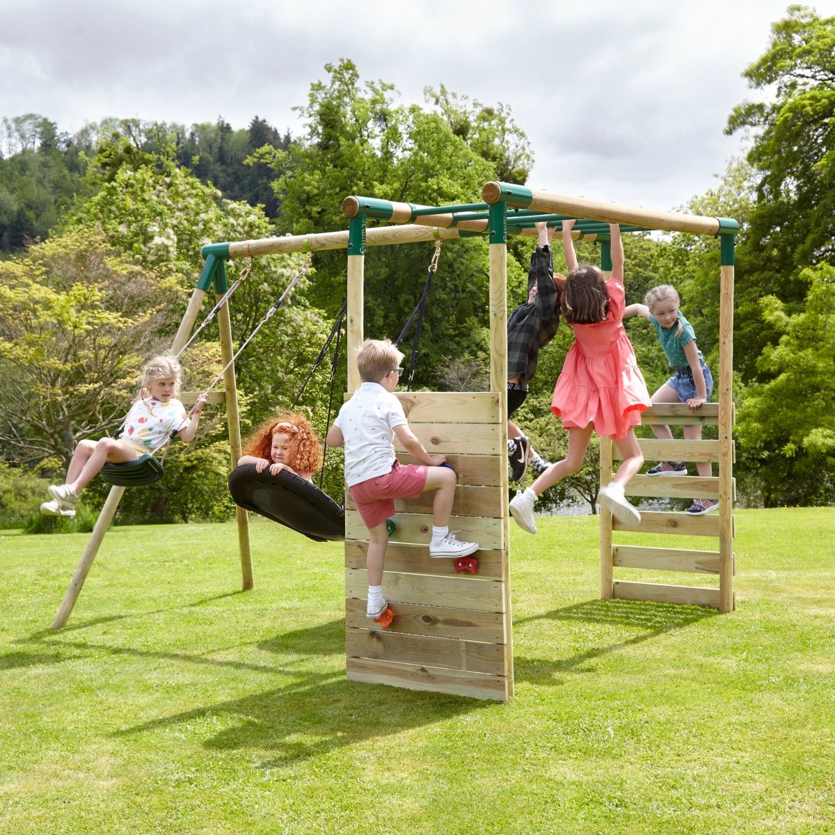 Rebo Wooden Garden Swing Set with Monkey Bars - Luna Green