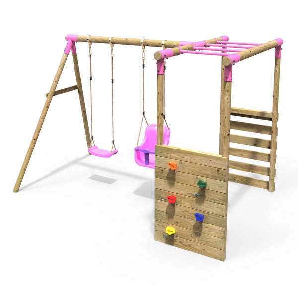 Rebo Wooden Garden Swing Set with Monkey Bars - Luna Pink