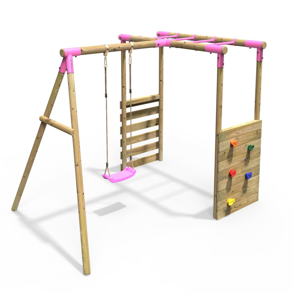 Rebo Wooden Garden Swing Set with Monkey Bars Solar Pink
