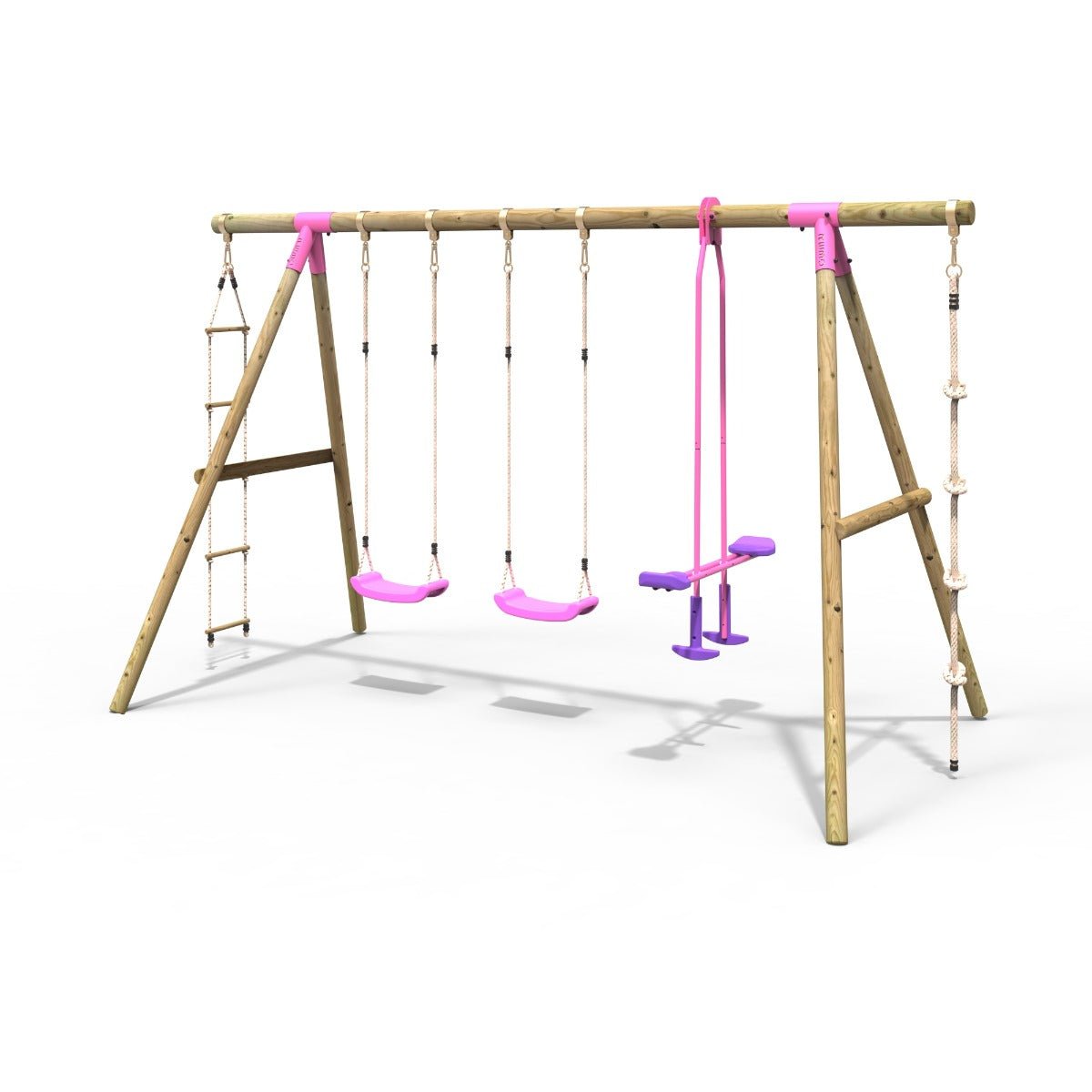 Rebo Saturn Pink Wooden Triple Garden Swing Set