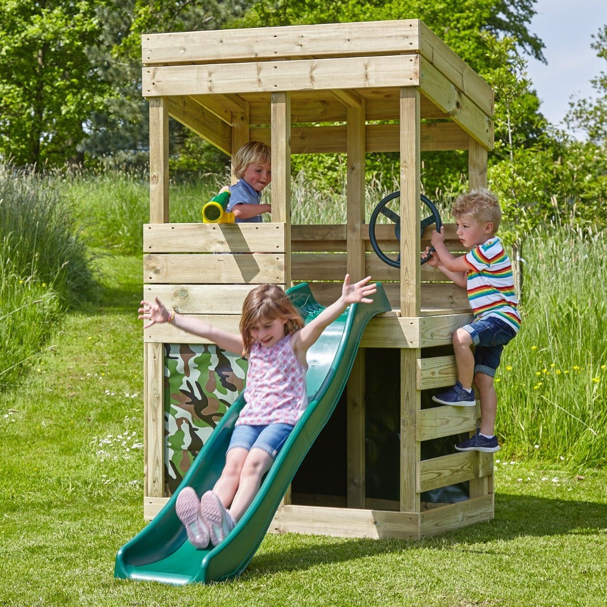 Rebo Wooden Lookout Tower Playhouse with 6ft Slide - Lookout with Den Pack Camouflage