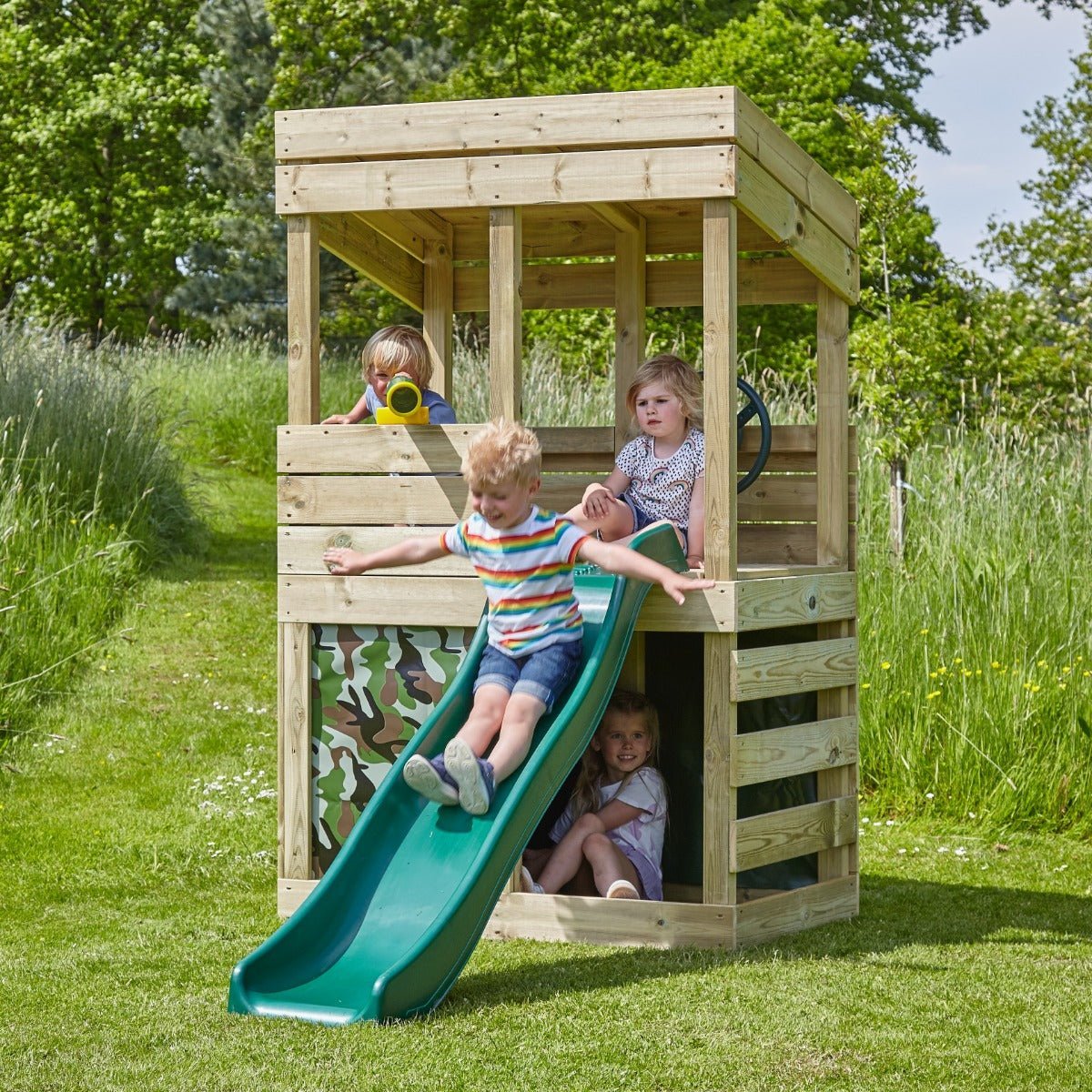 Rebo Wooden Lookout Tower Playhouse with 6ft Slide - Lookout with Den Pack Camouflage