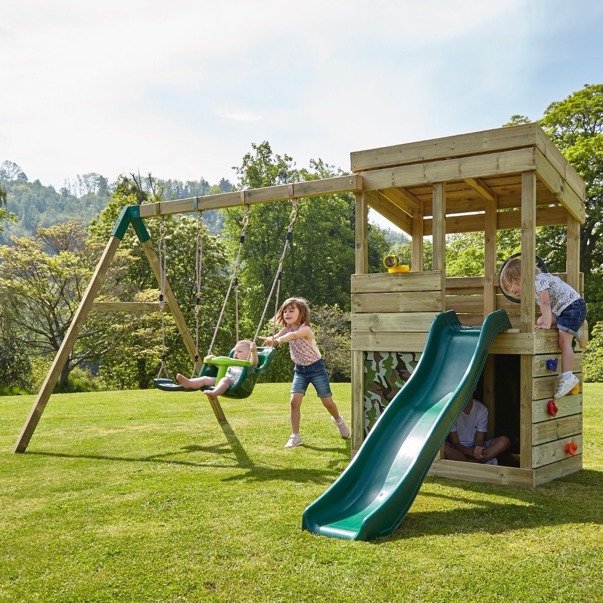 Rebo Wooden Lookout Tower Playhouse with 6ft Slide & Swing - Yellowstone Camouflage