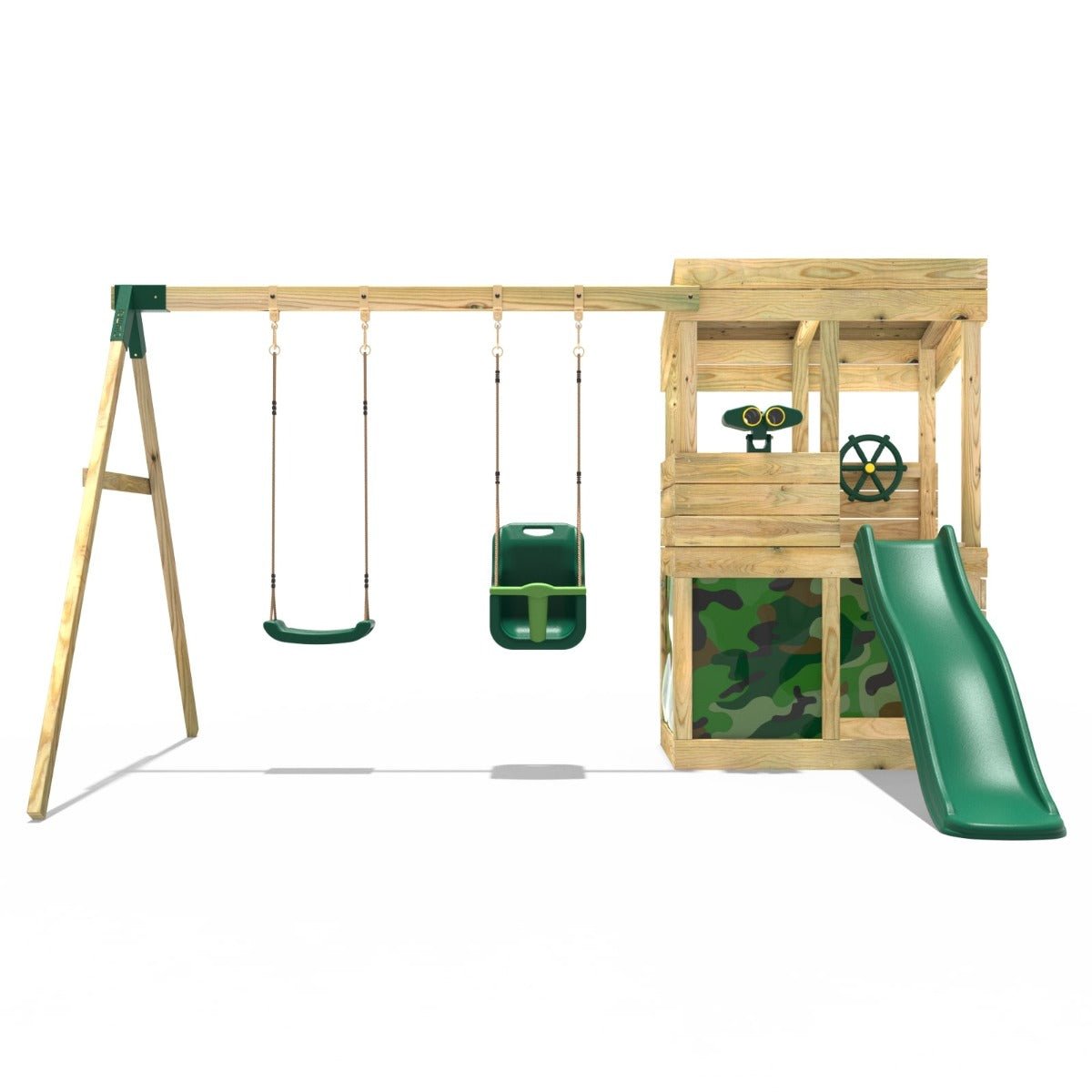 Rebo Wooden Lookout Tower Playhouse with 6ft Slide & Swing - Zion Camouflage