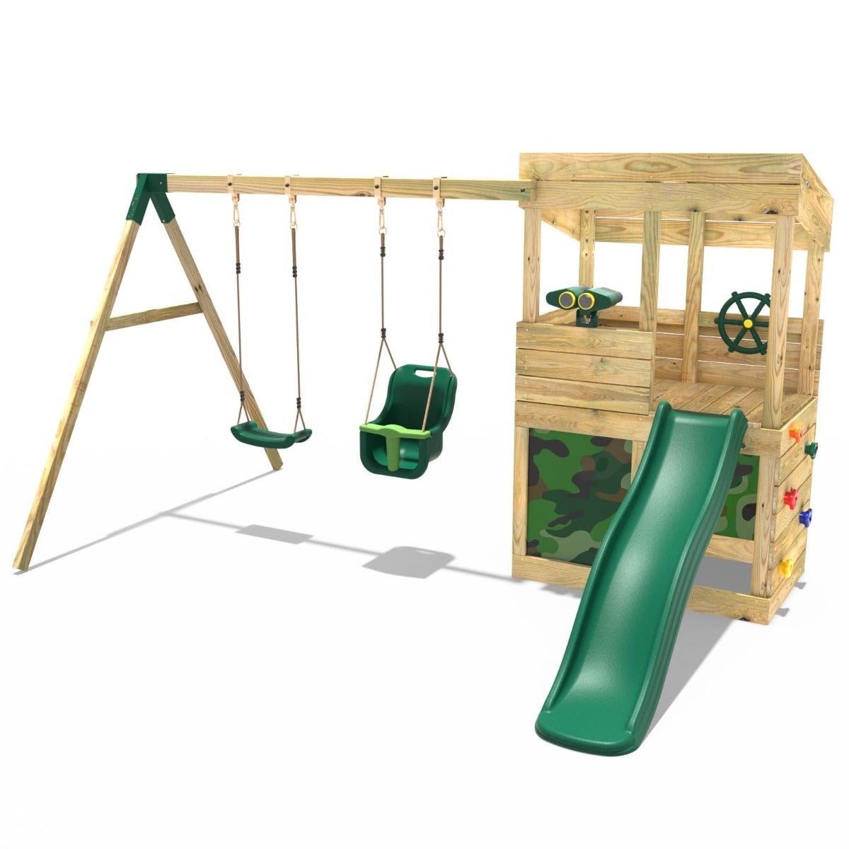 Rebo Wooden Lookout Tower Playhouse with 6ft Slide & Swing - Zion Camouflage