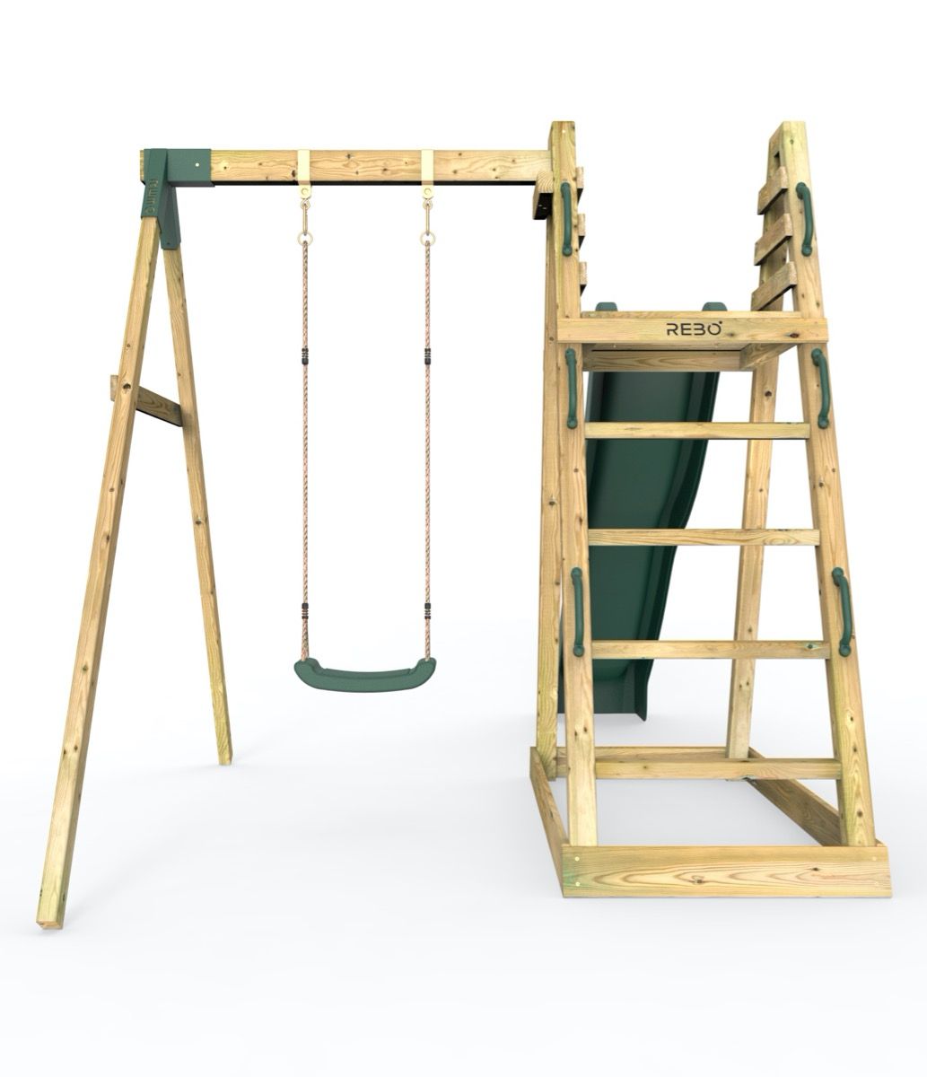 Rebo Wooden Pyramid Activity Frame with Swings & 10ft Water Slide - Angel