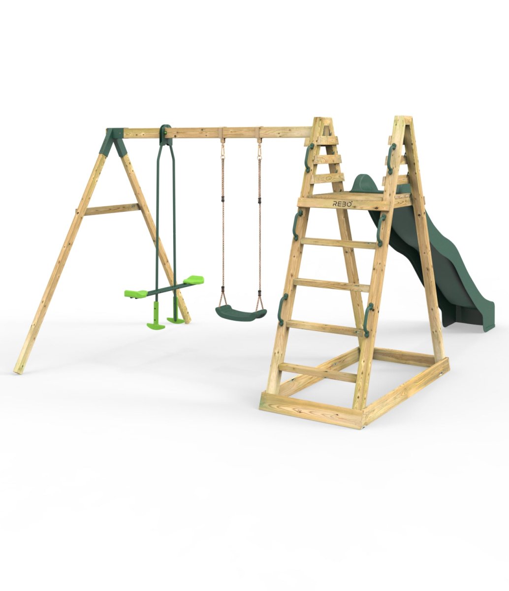 Rebo Wooden Pyramid Activity Frame with Swings & 10ft Water Slide - Feather