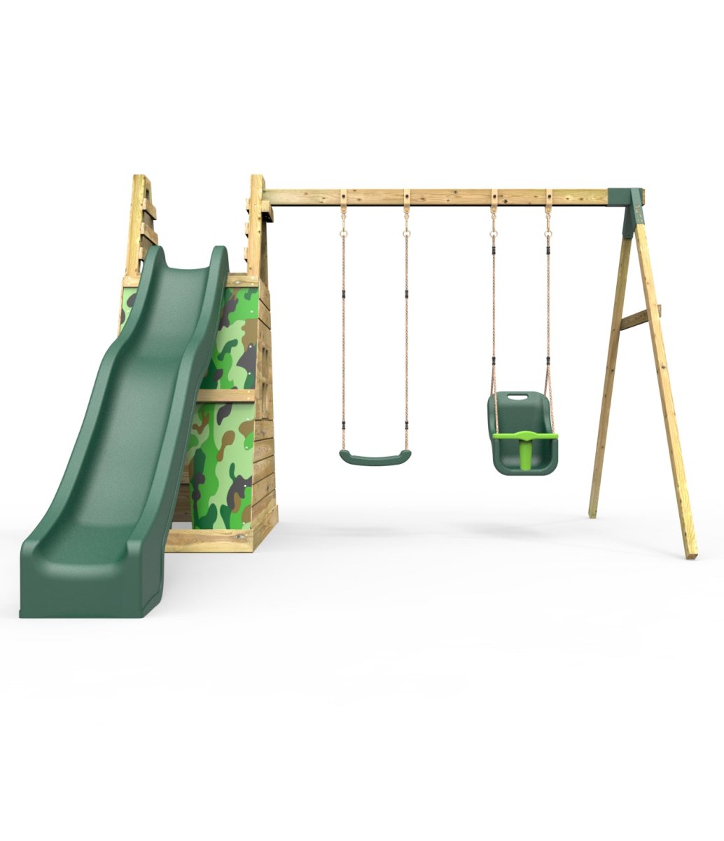 Rebo Wooden Pyramid Activity Frame with Swings & 10ft Water Slide - Pixley