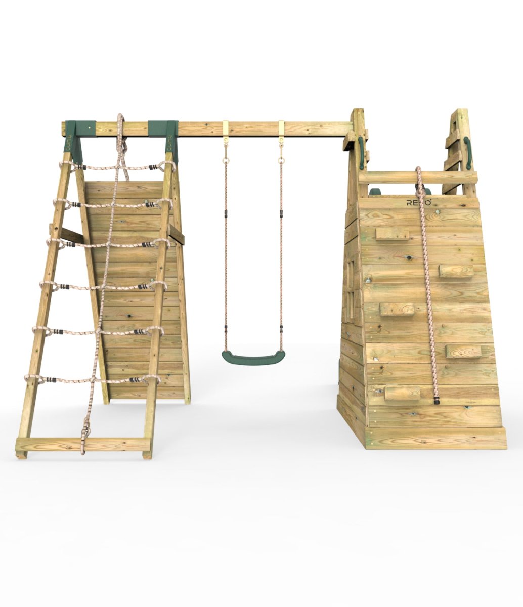 Rebo Wooden Pyramid Climbing Frame with Swings & 10ft Water Slide - Mystic