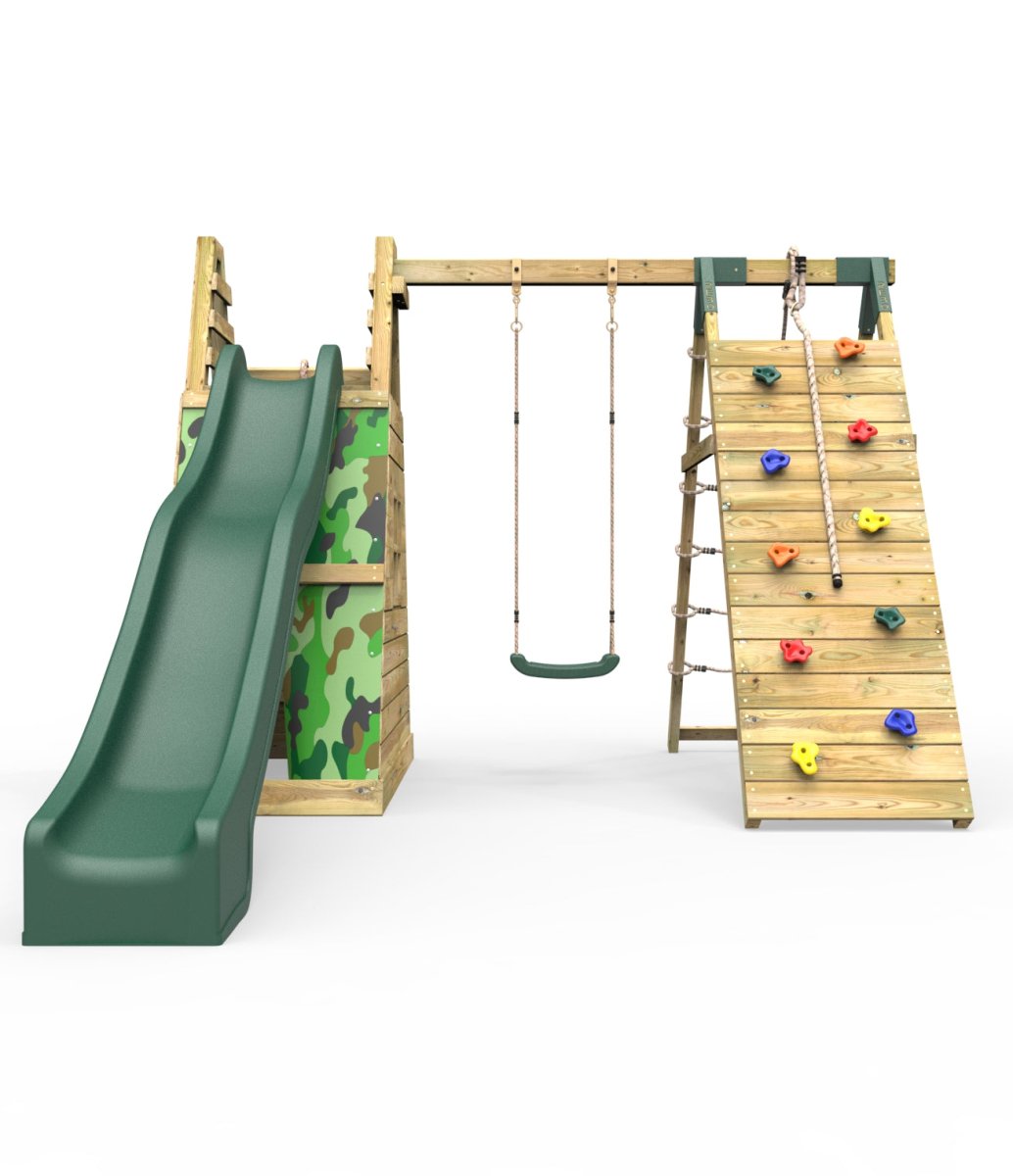Rebo Wooden Pyramid Climbing Frame with Swings & 10ft Water Slide - Mystic