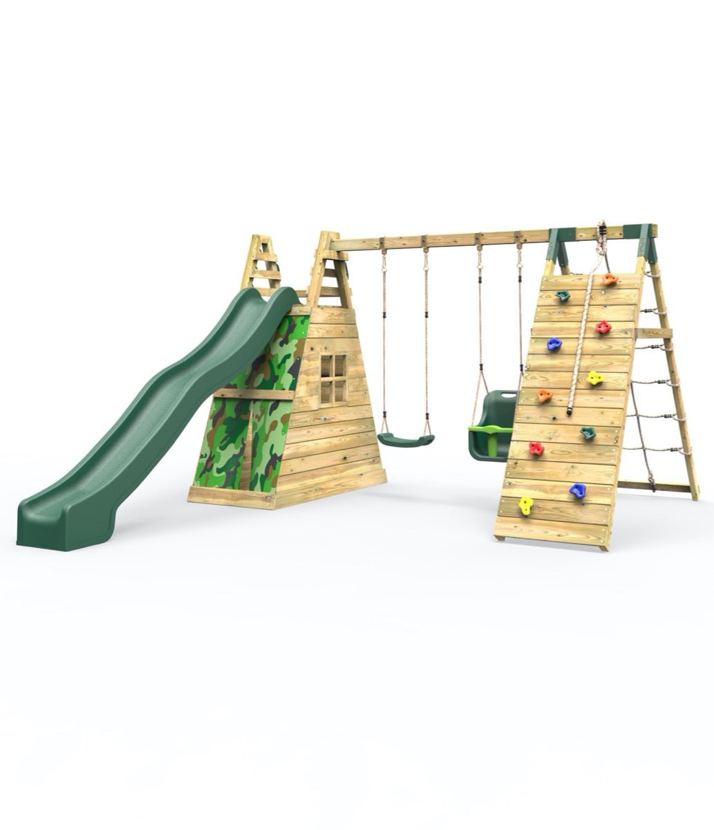 Rebo Wooden Pyramid Climbing Frame with Swings & 10ft Water Slide - Pixley