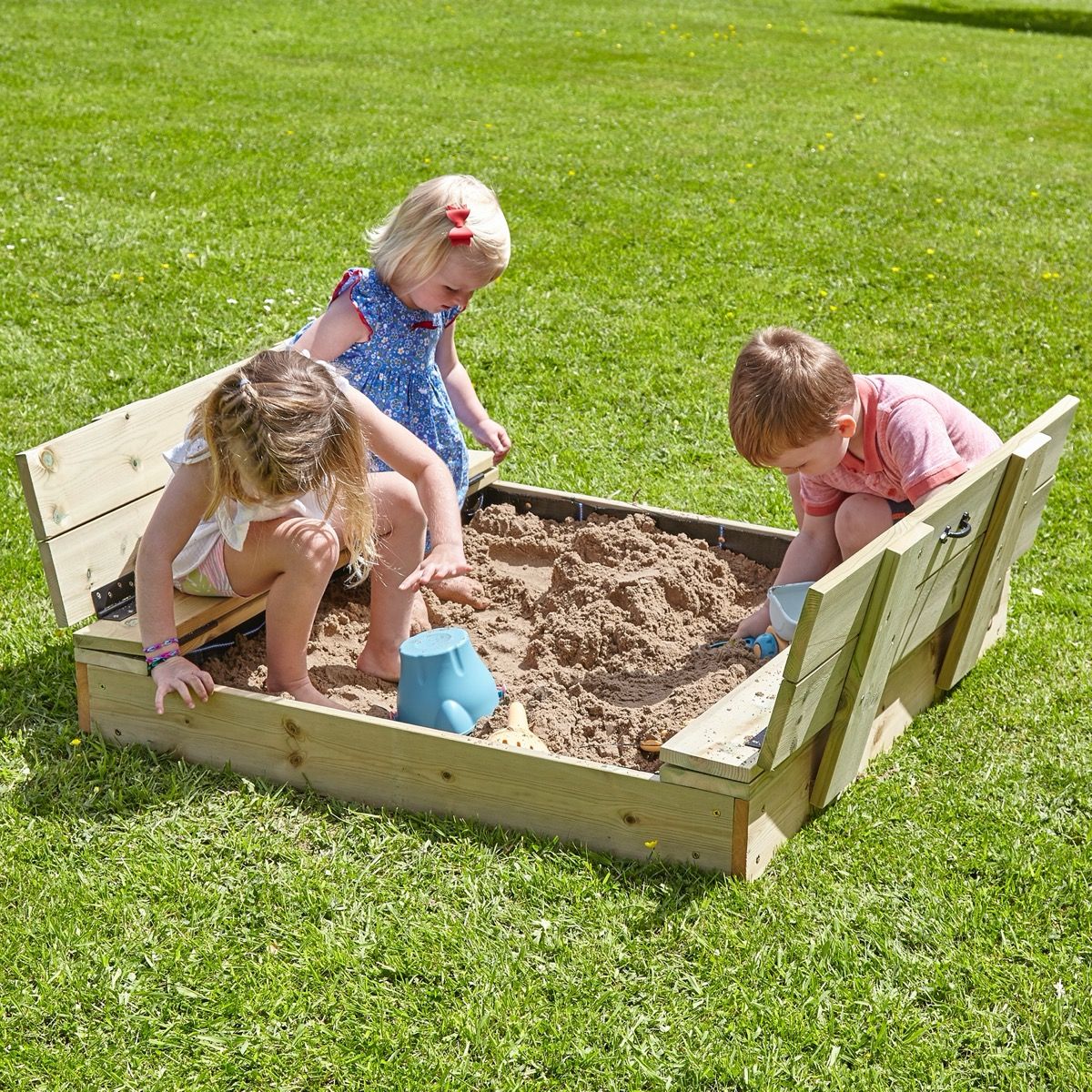Rebo Wooden Sandpit Ball Pool with Folding Lid and Benches – 100cm x 100cm