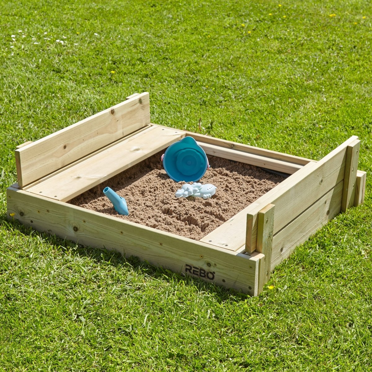 Rebo Wooden Sandpit Ball Pool with Folding Lid and Benches – 80cm x 80cm