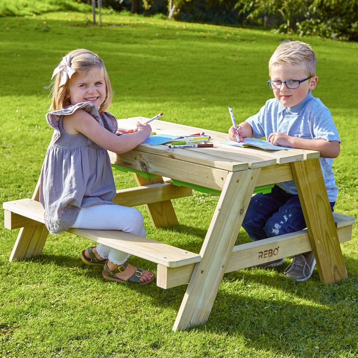 Rebo Wooden Sandpit With Lid Sand & Water Picnic Table Play Bench – Double