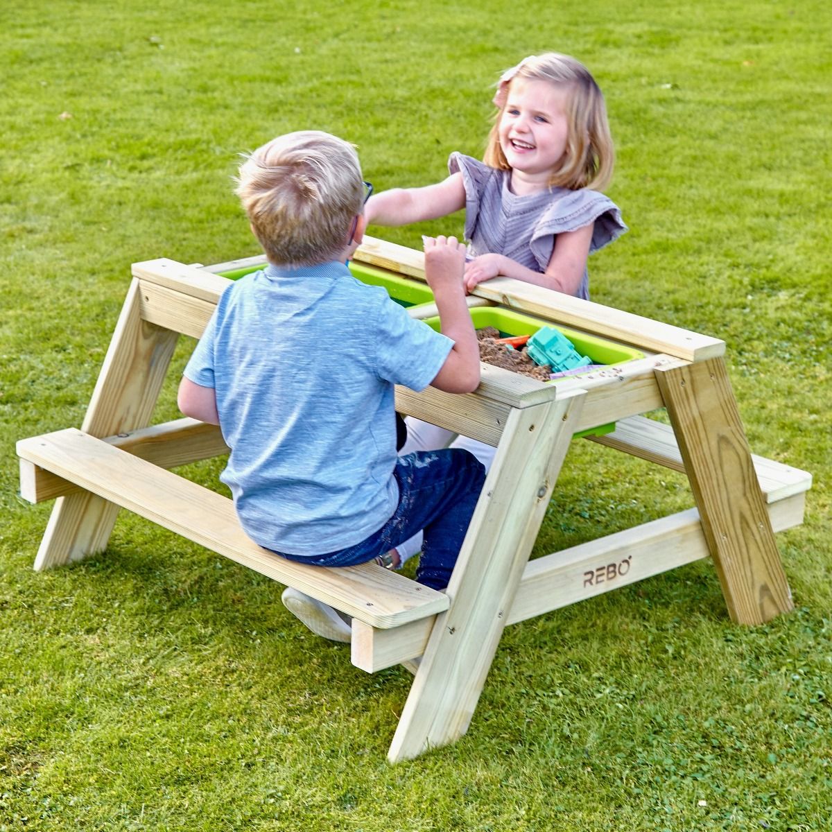Rebo Wooden Sandpit With Lid Sand & Water Picnic Table Play Bench – Double