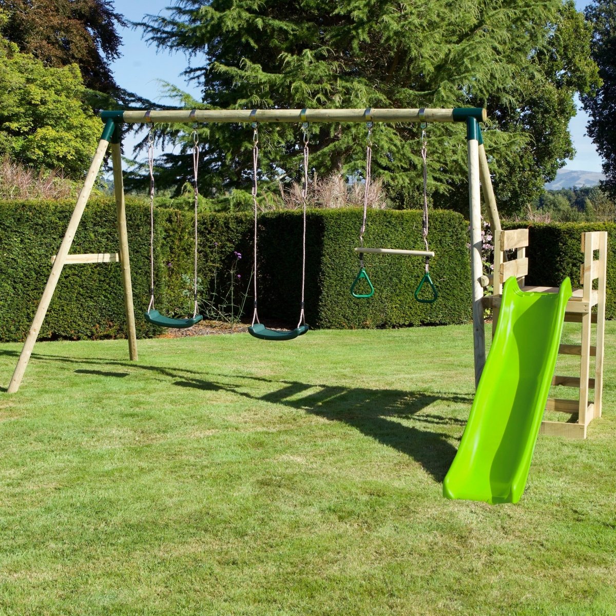 Rebo Wooden Swing Set plus Deck & Slide - Comet Green