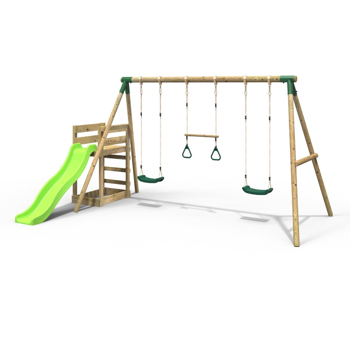 Rebo Wooden Swing Set plus Deck & Slide - Comet Green