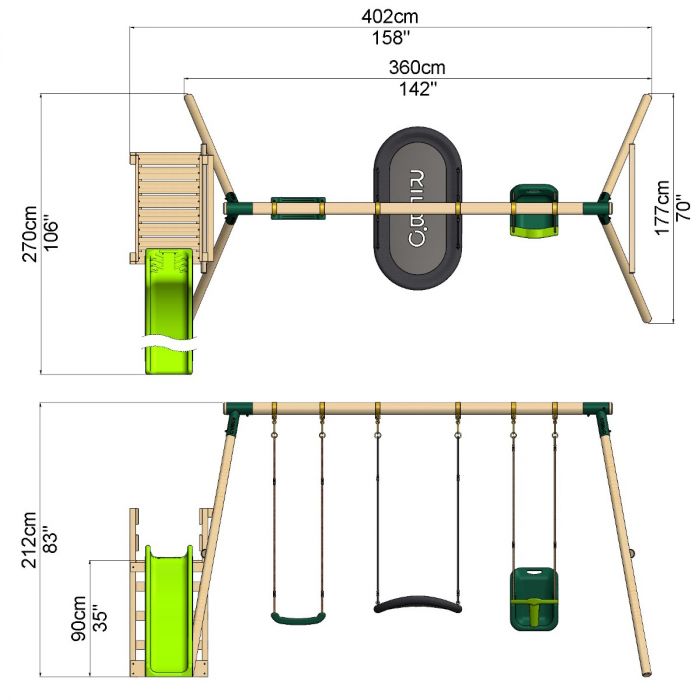 Rebo Wooden Swing Set plus Deck & Slide - Halley Green