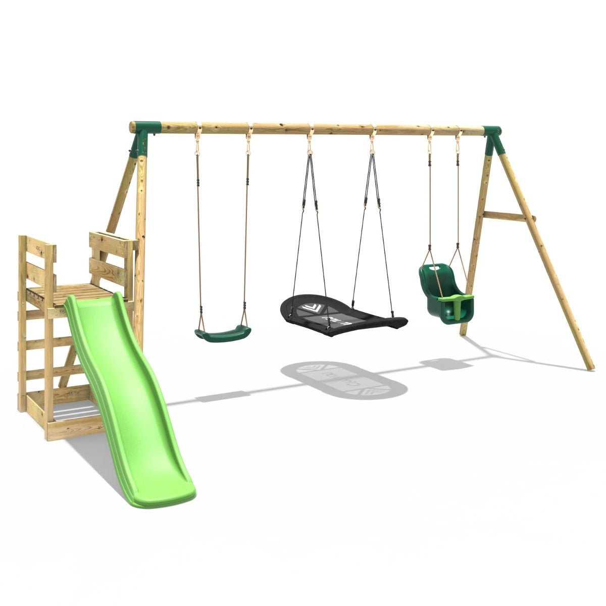 Rebo Wooden Swing Set plus Deck & Slide - Halley Green
