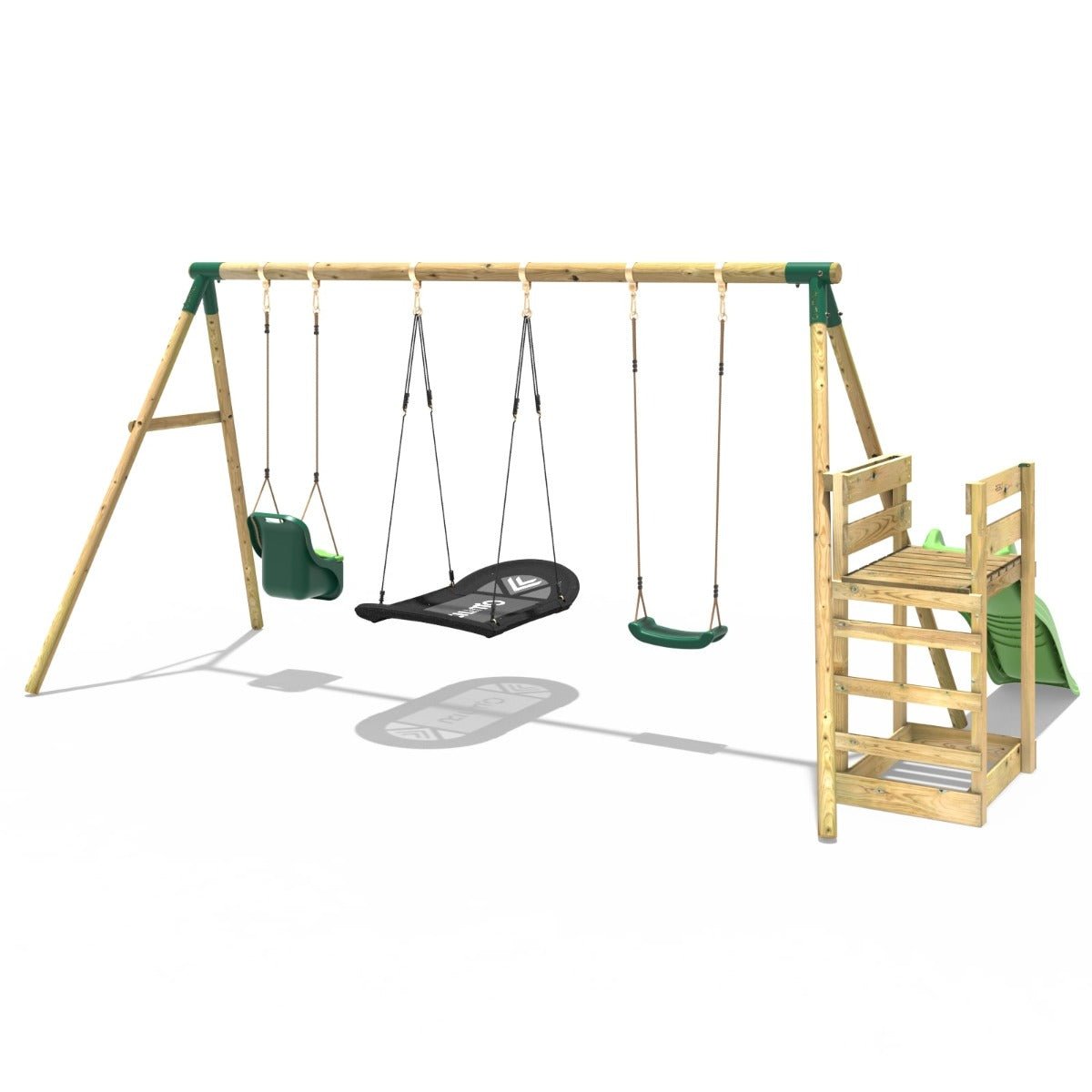 Rebo Halley Green Wooden Swing Set plus Deck Slide