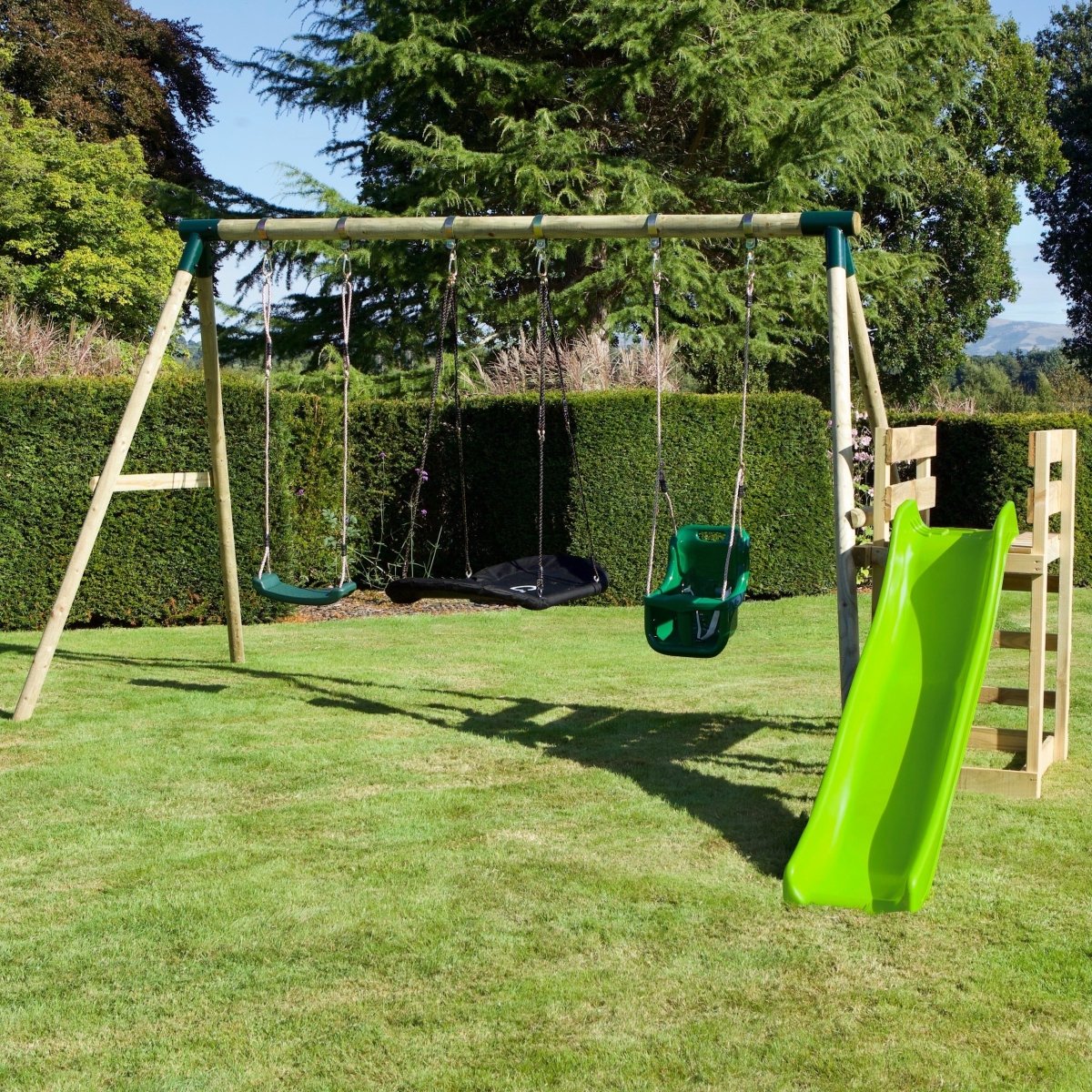 Rebo Wooden Swing Set plus Deck & Slide - Halley Green