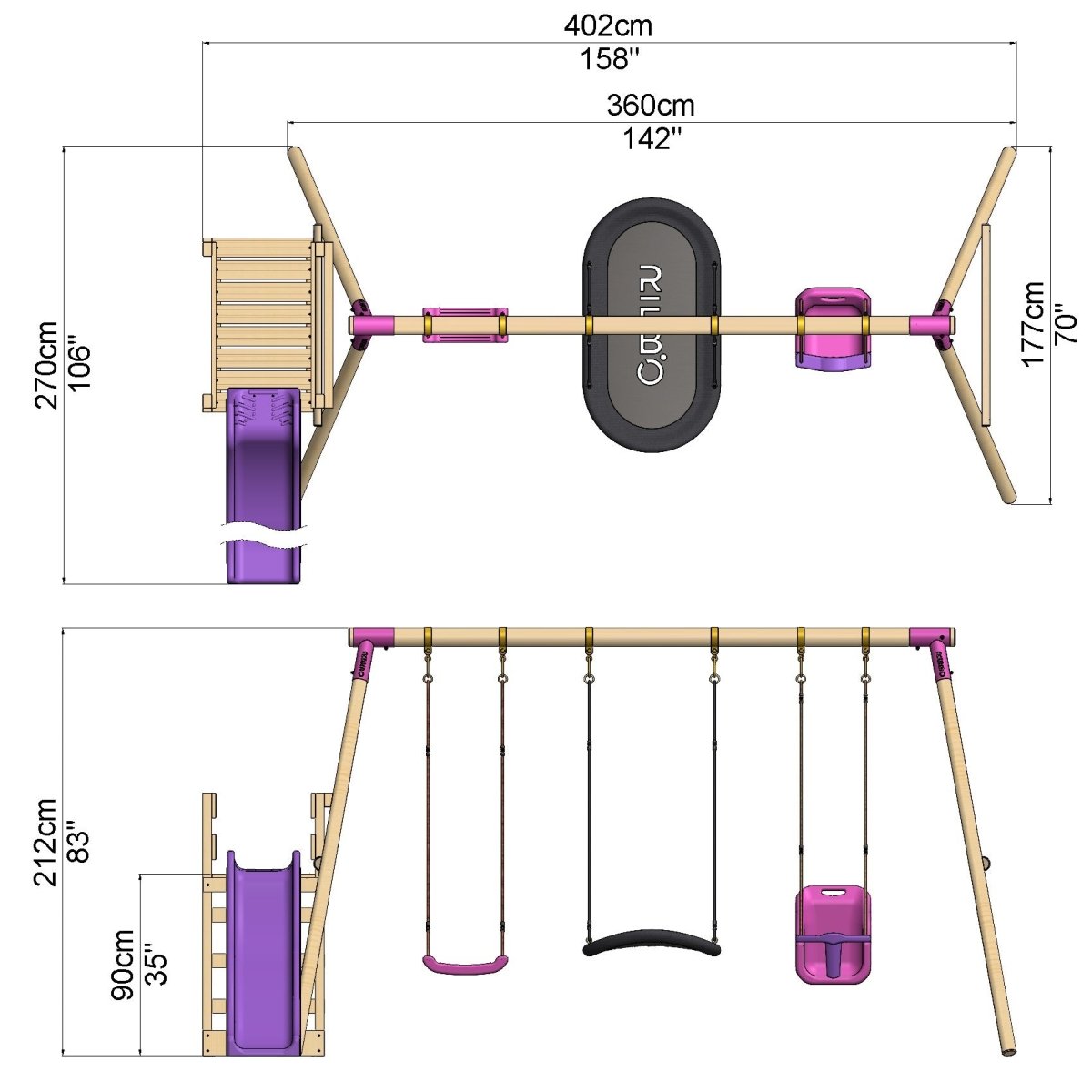 Rebo Wooden Swing Set plus Deck & Slide - Halley Pink