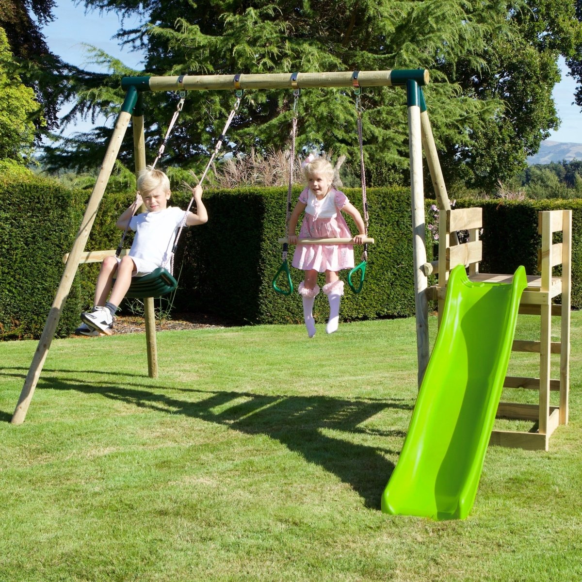 Rebo Wooden Swing Set plus Deck & Slide - Janus Green
