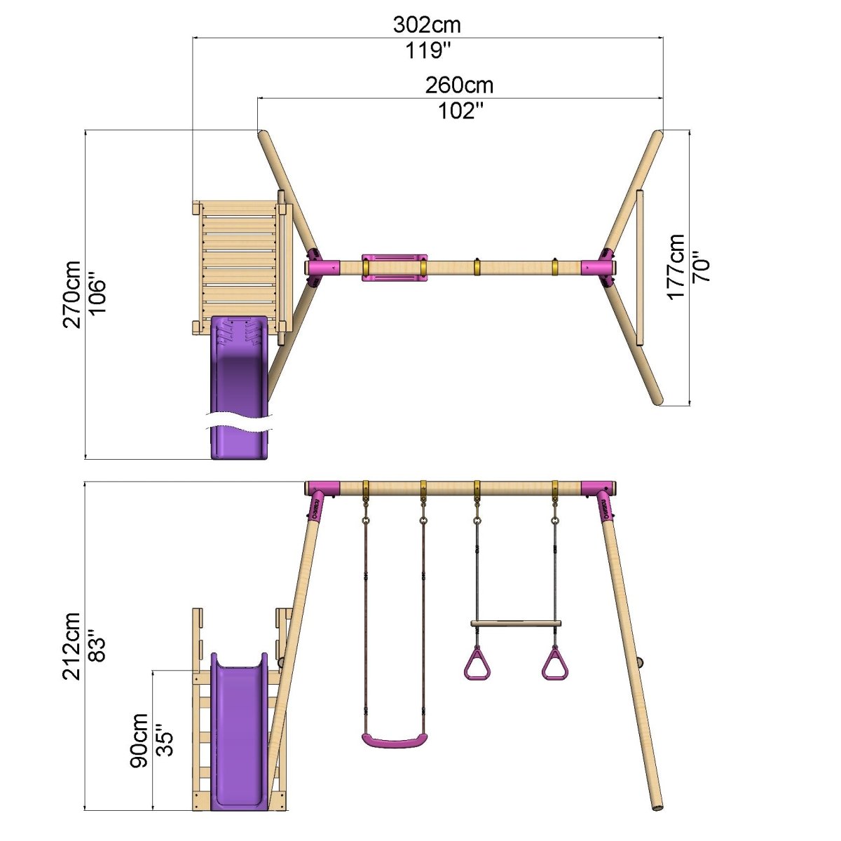 Rebo Wooden Swing Set plus Deck & Slide - Janus Pink