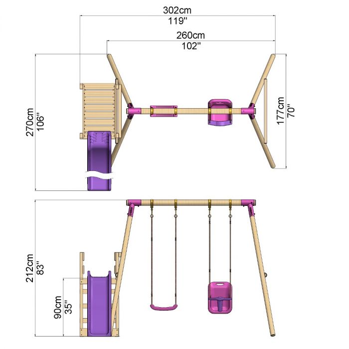 Rebo Wooden Swing Set plus Deck & Slide - Luna Pink