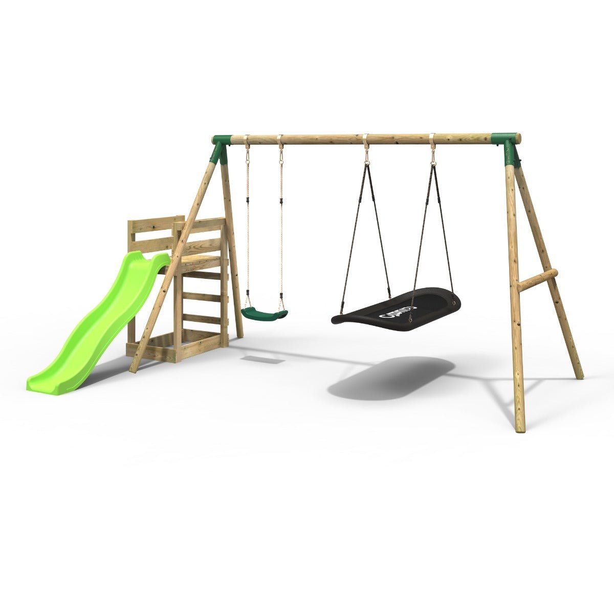 Rebo Wooden Swing Set plus Deck & Slide - Meteorite Green