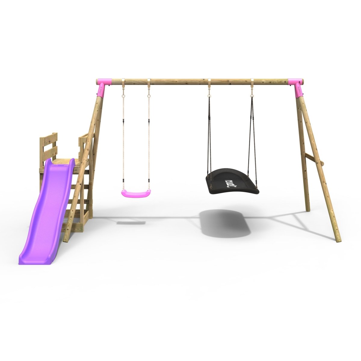 Rebo Wooden Swing Set plus Deck & Slide - Meteorite Pink
