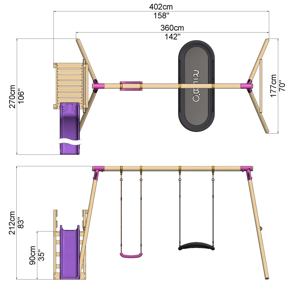 Rebo Wooden Swing Set plus Deck & Slide - Meteorite Pink
