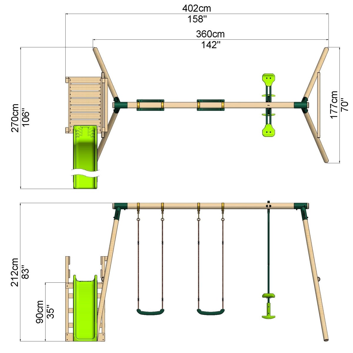 Rebo Wooden Swing Set plus Deck & Slide - Neptune Green