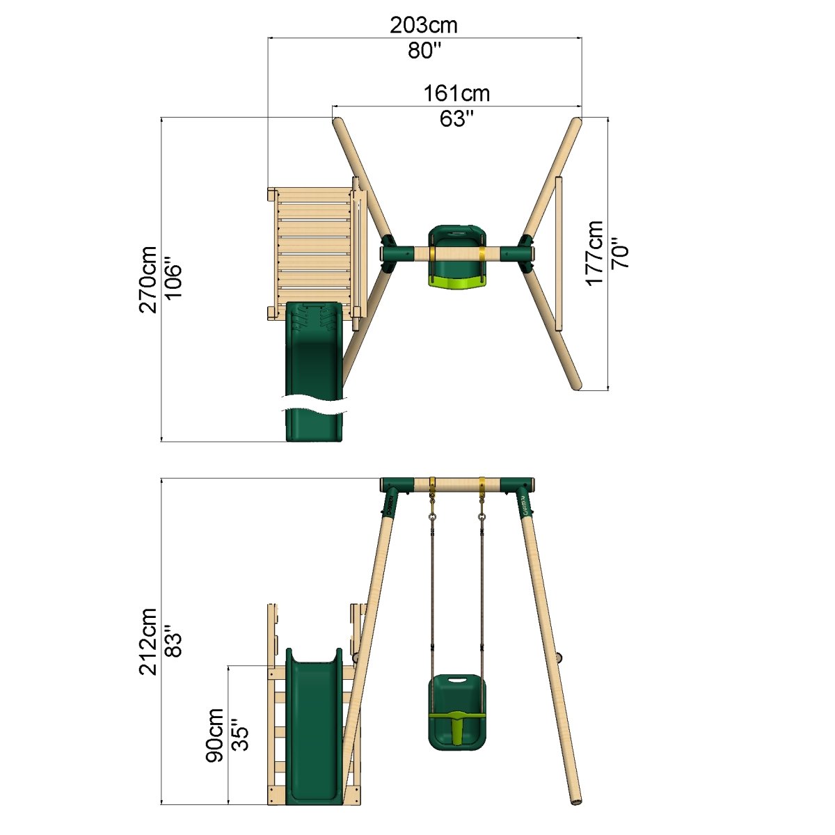 Rebo Wooden Swing Set plus Deck & Slide - Pluto Green