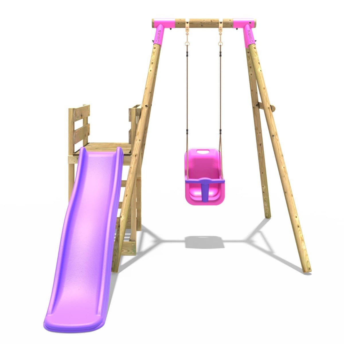 Rebo Wooden Swing Set plus Deck & Slide - Pluto Pink