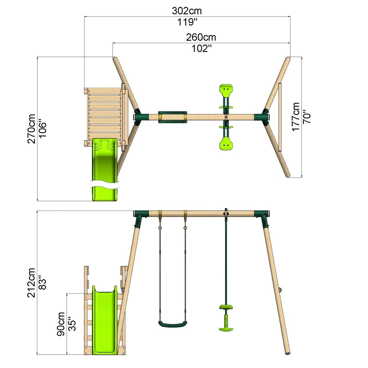 Rebo Wooden Swing Set plus Deck & Slide - Star Green