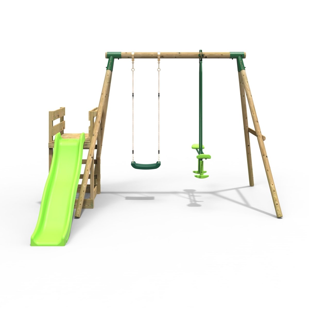 Rebo Wooden Swing Set plus Deck & Slide - Star Green