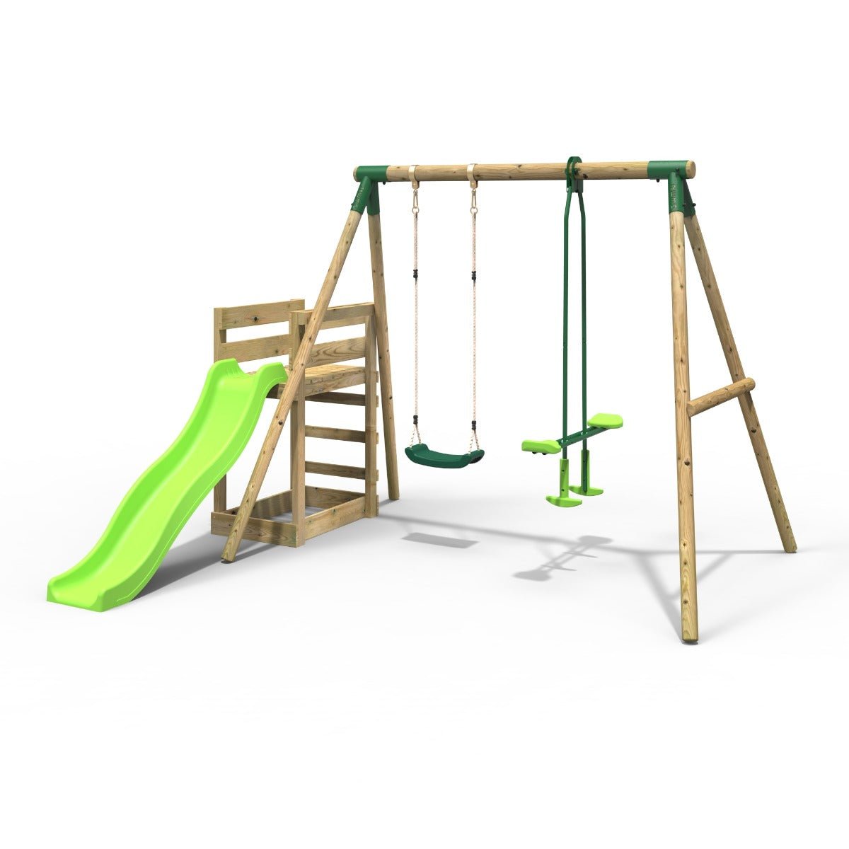 Rebo Wooden Swing Set plus Deck & Slide - Star Green