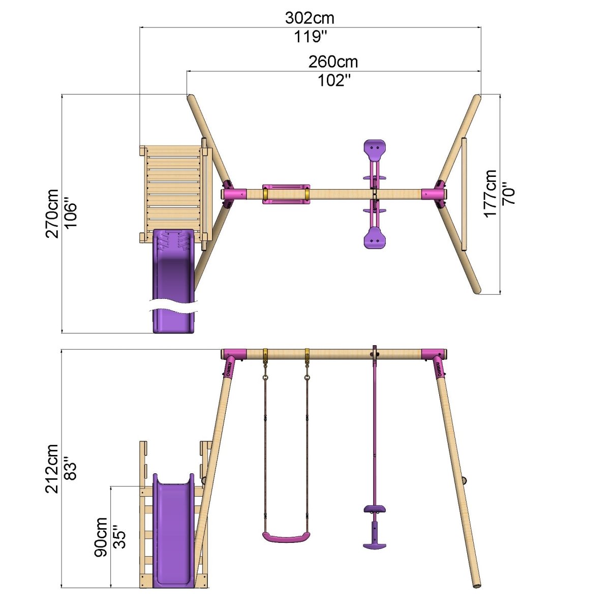 Rebo Wooden Swing Set plus Deck & Slide - Star Pink
