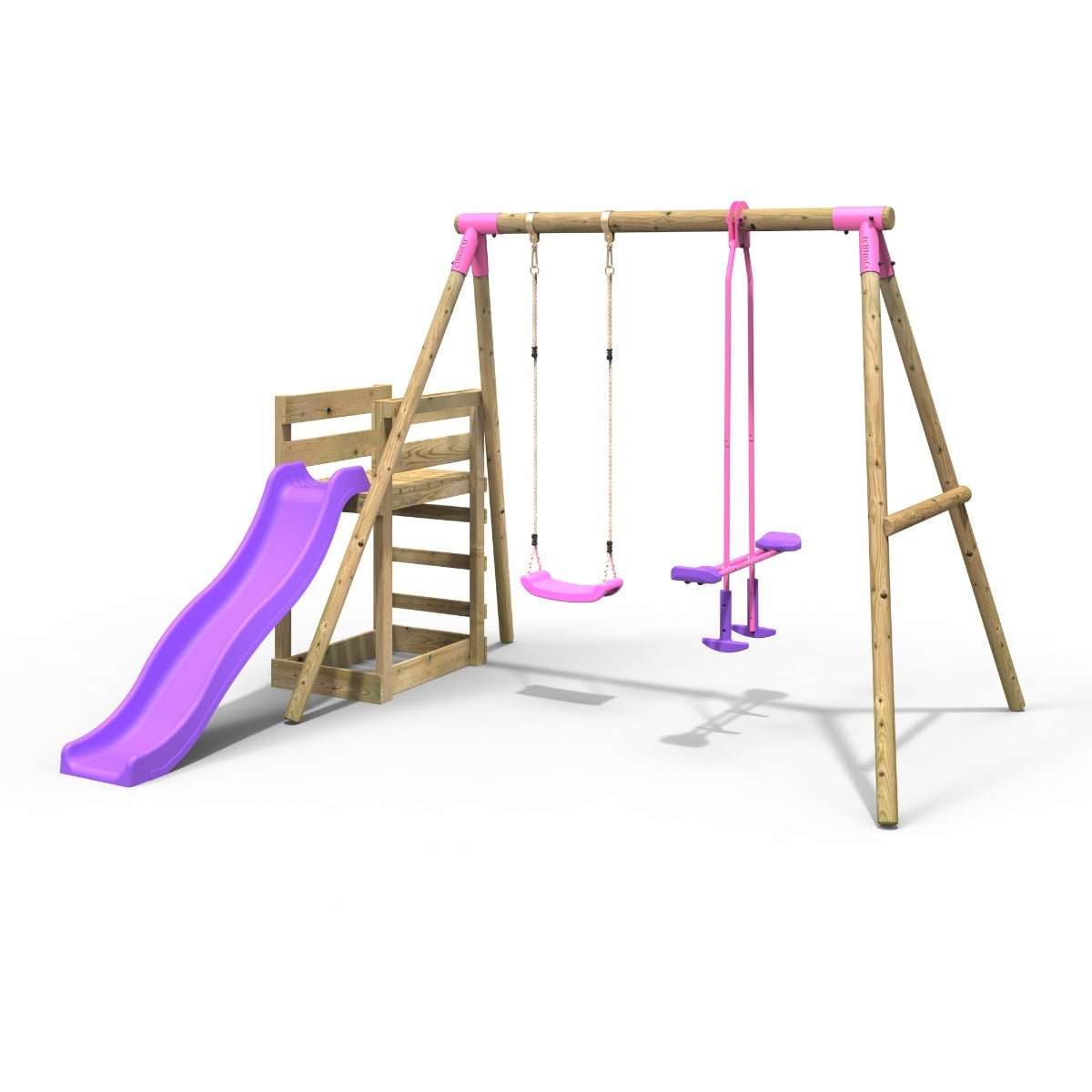 Rebo Wooden Swing Set plus Deck & Slide - Star Pink