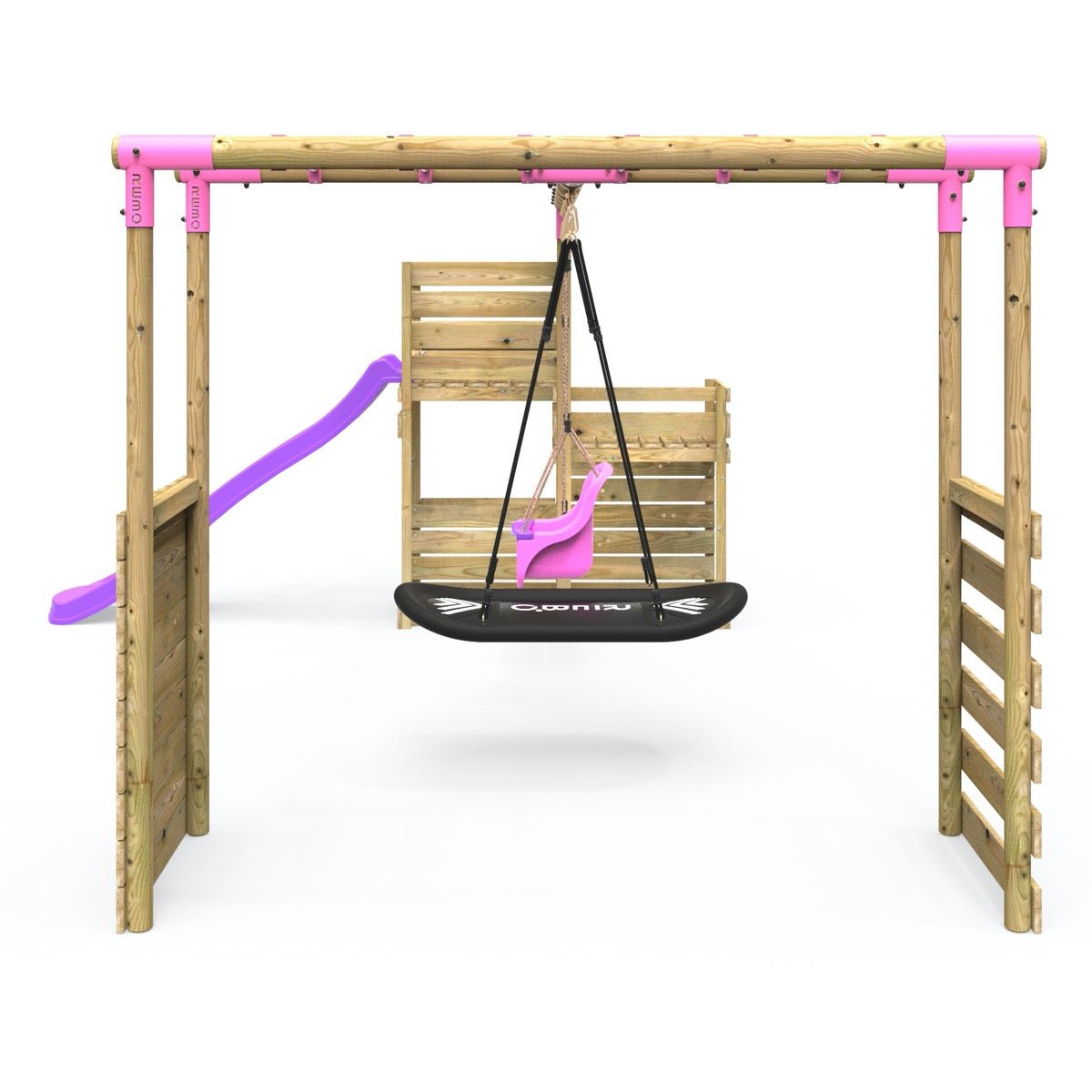 Rebo Wooden Swing Set plus Deluxe Deck, 8FT Slide & Monkey Bars - Halley Pink