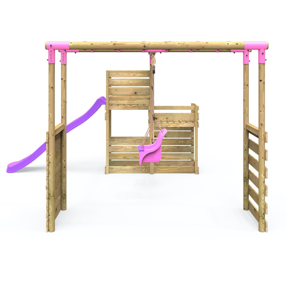 Rebo Wooden Swing Set plus Deluxe Deck, 8FT Slide & Monkey Bars - Luna Pink