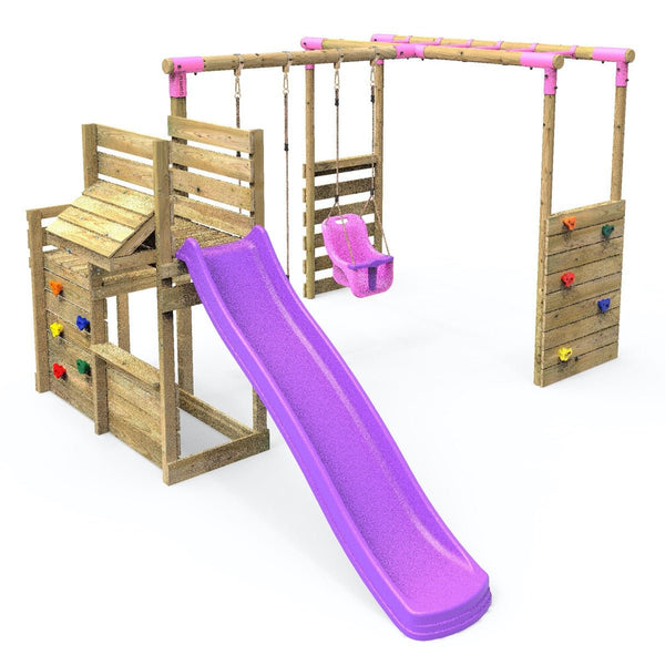 Rebo Wooden Swing Set plus Deluxe Deck, 8FT Slide & Monkey Bars - Luna Pink