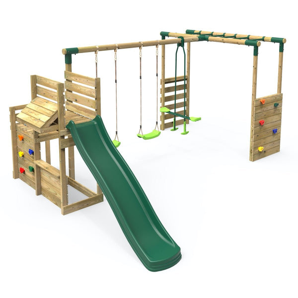 Rebo Wooden Swing Set plus Deluxe Deck, 8FT Slide & Monkey Bars - Neptune Green