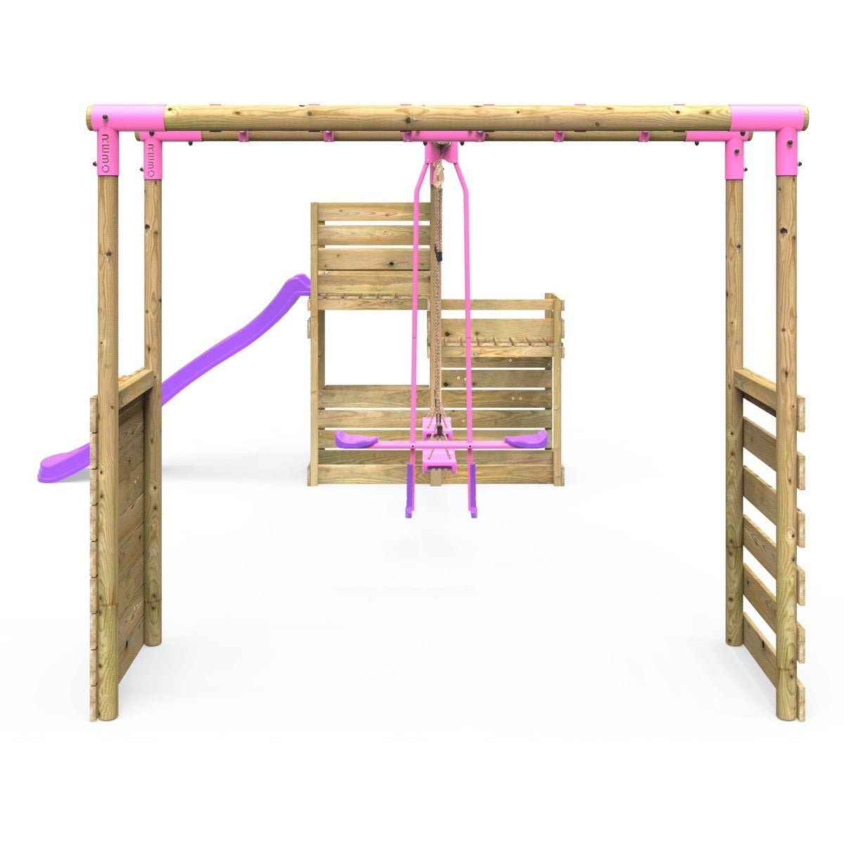 Rebo Wooden Swing Set plus Deluxe Deck, 8FT Slide & Monkey Bars - Neptune Pink